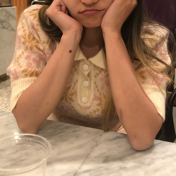 🐮 Cow Pattern Polo Mohair-like Sweater Pink and Cream - Picture 6 of 7